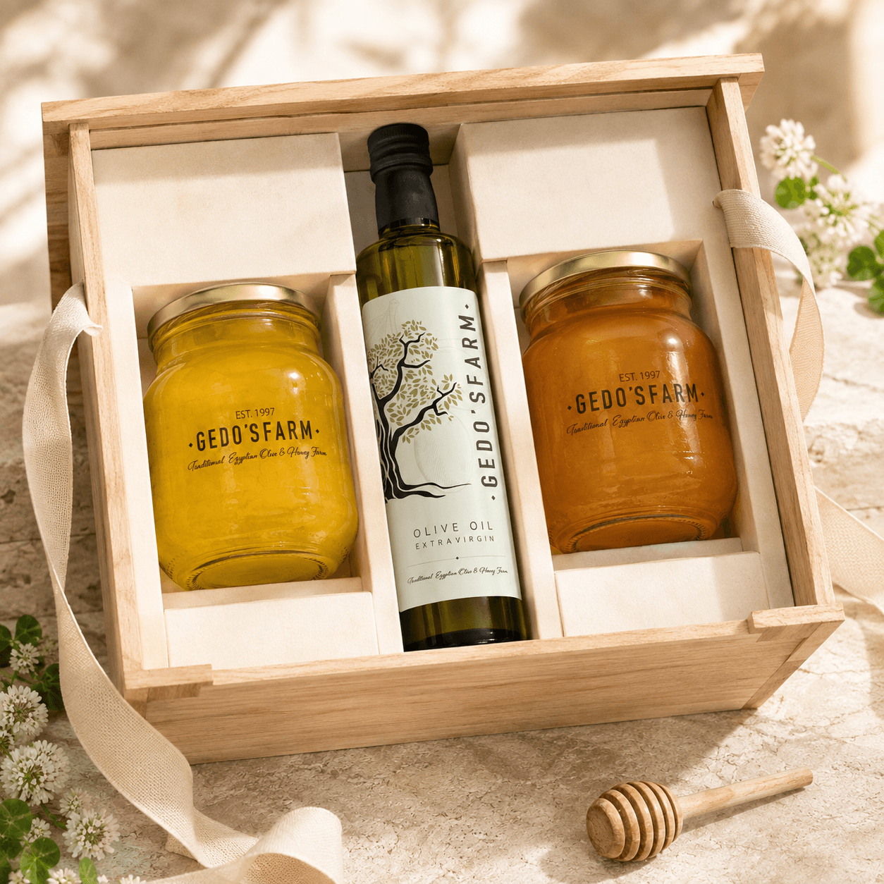 Gedo’s Farm Grand Farm Selection with olive oil, Clover Honey, and Citrus Honey