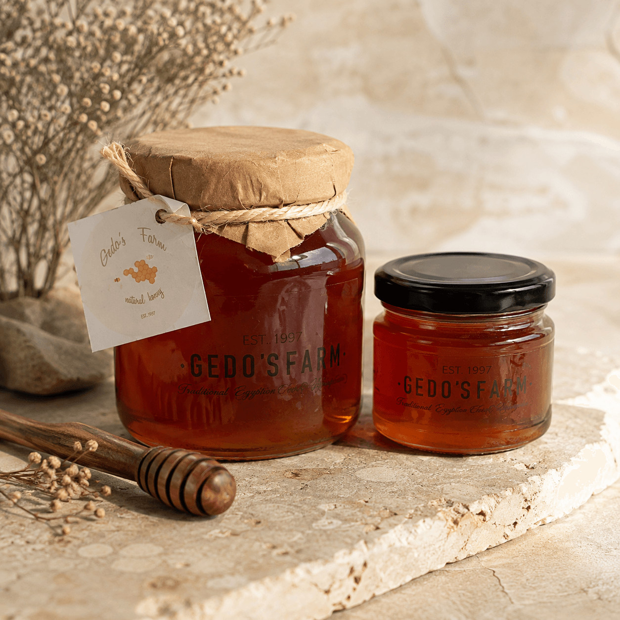 Gedo’s Farm Mountain Honey in large and small glass jars
