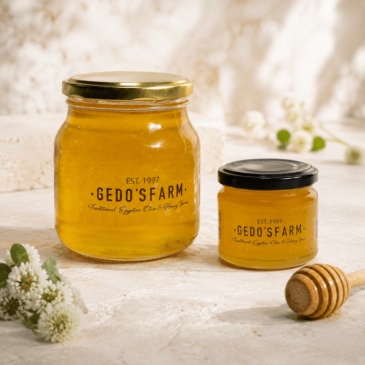 Gedo’s Farm Clover Honey in large and small glass jars